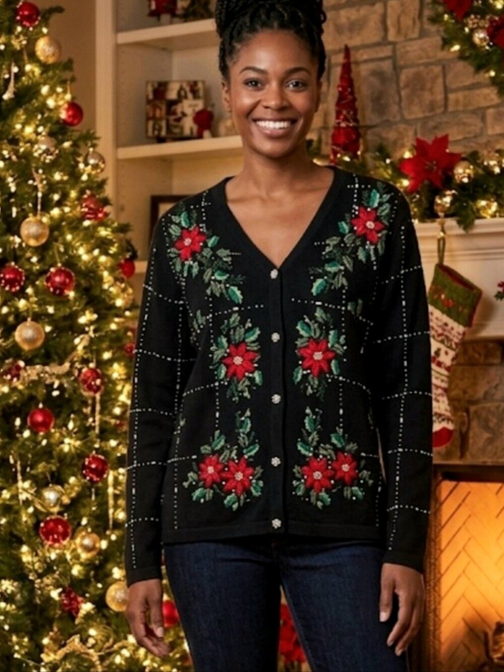 B P Design Christmas Sweater Black Beaded Embroidered Poinsettias Button Front